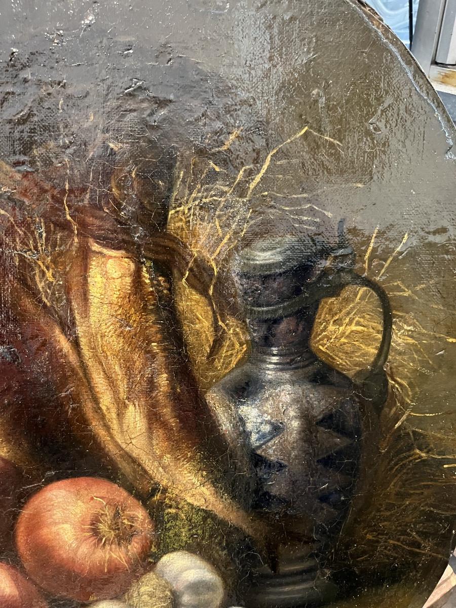 Huile sur toile, nature morte aux harengs, oignons et ail. Daté 1808.-photo-3