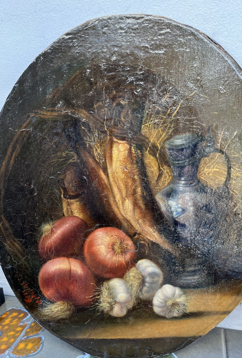 Huile sur toile, nature morte aux harengs, oignons et ail. Daté 1808.-photo-4