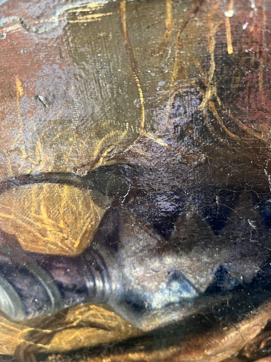 Huile sur toile, nature morte aux harengs, oignons et ail. Daté 1808.-photo-2