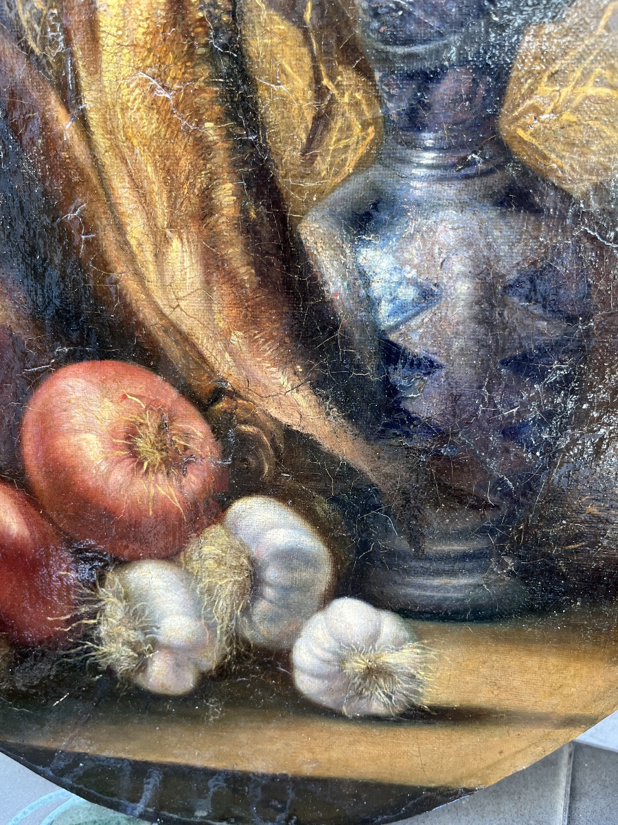 Huile sur toile, nature morte aux harengs, oignons et ail. Daté 1808.-photo-4