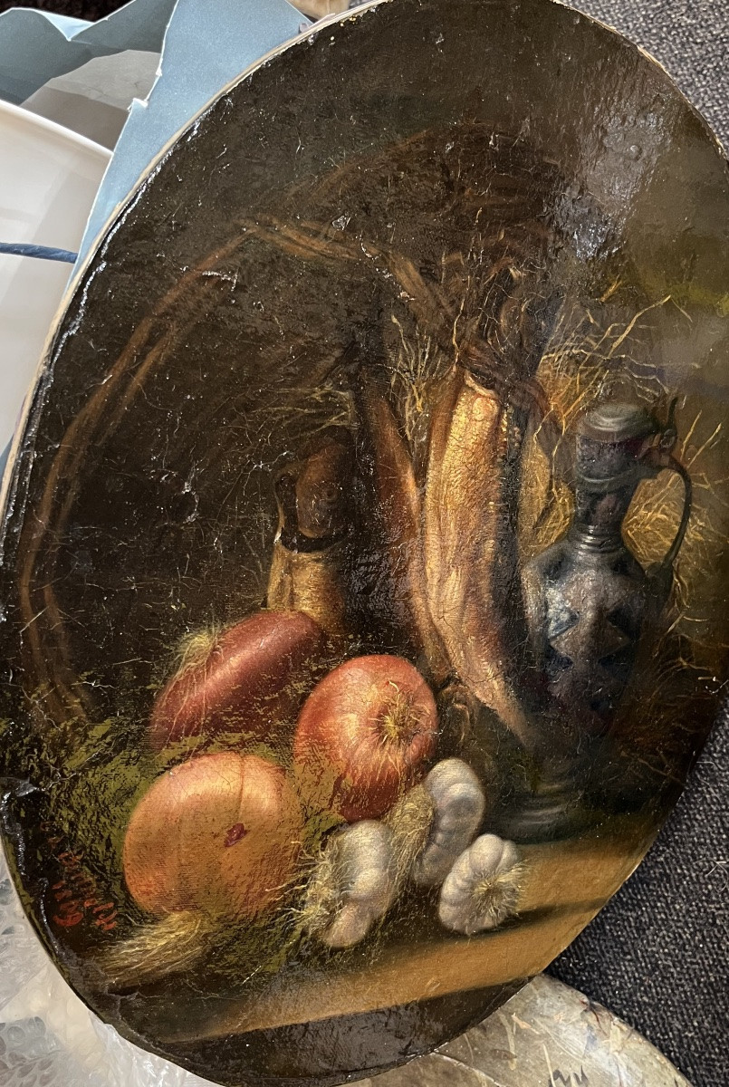 Huile sur toile, nature morte aux harengs, oignons et ail. Daté 1808.-photo-6