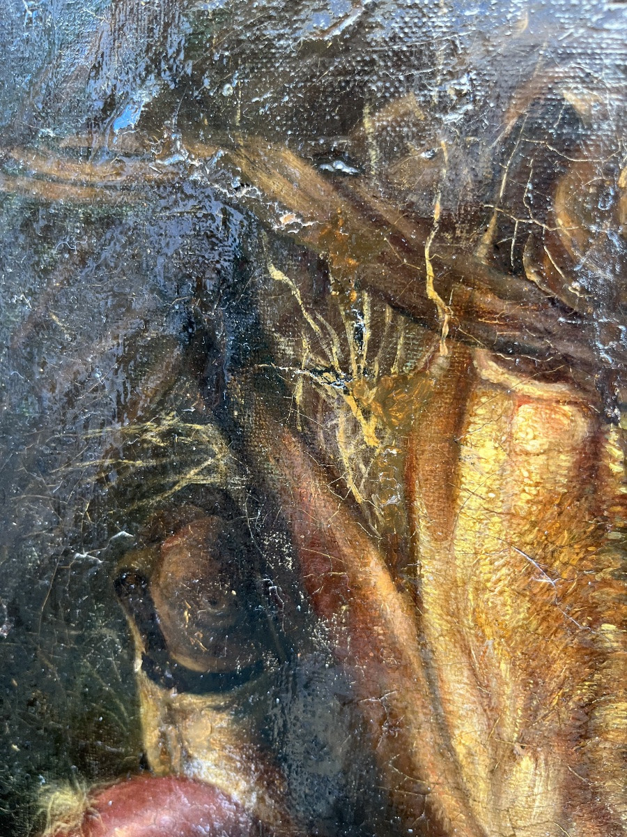 Huile sur toile, nature morte aux harengs, oignons et ail. Daté 1808.-photo-7