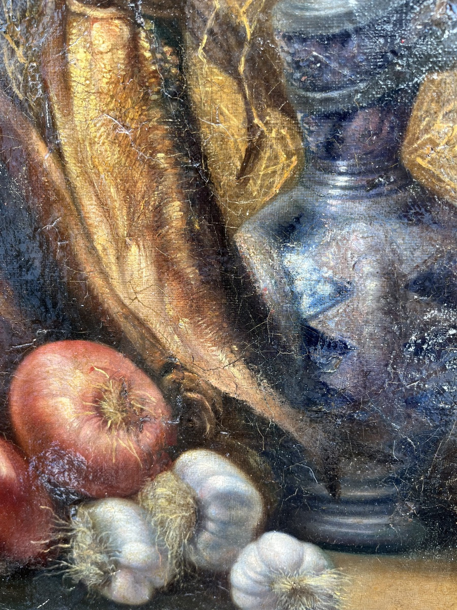Huile sur toile, nature morte aux harengs, oignons et ail. Daté 1808.-photo-8