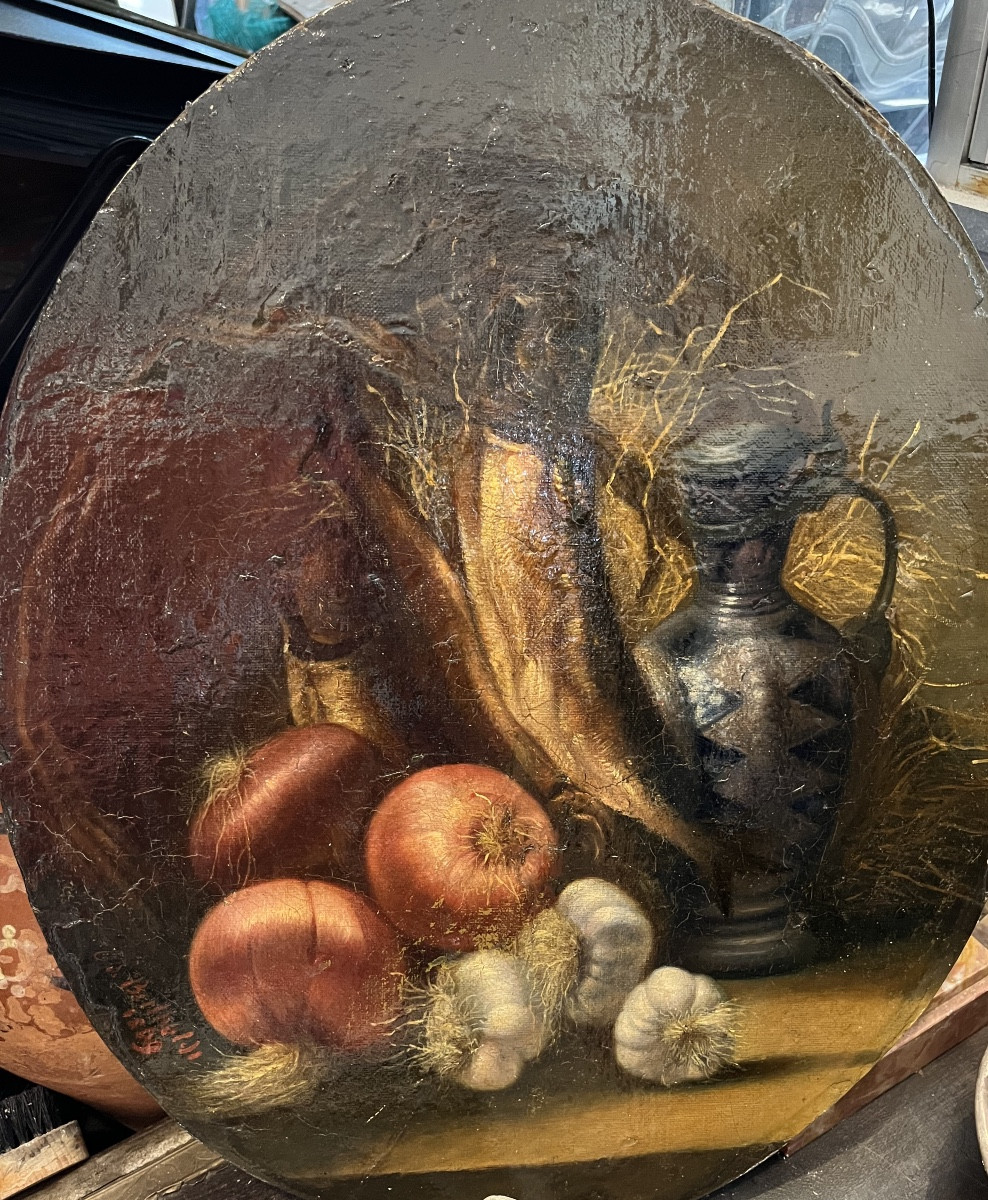 Huile sur toile, nature morte aux harengs, oignons et ail. Daté 1808.