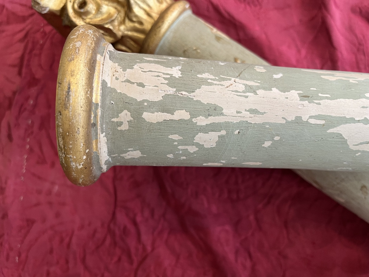 Three Wooden Columns, Pale Green, With Carved Bases In Gilded Wood. 19th Century.-photo-3