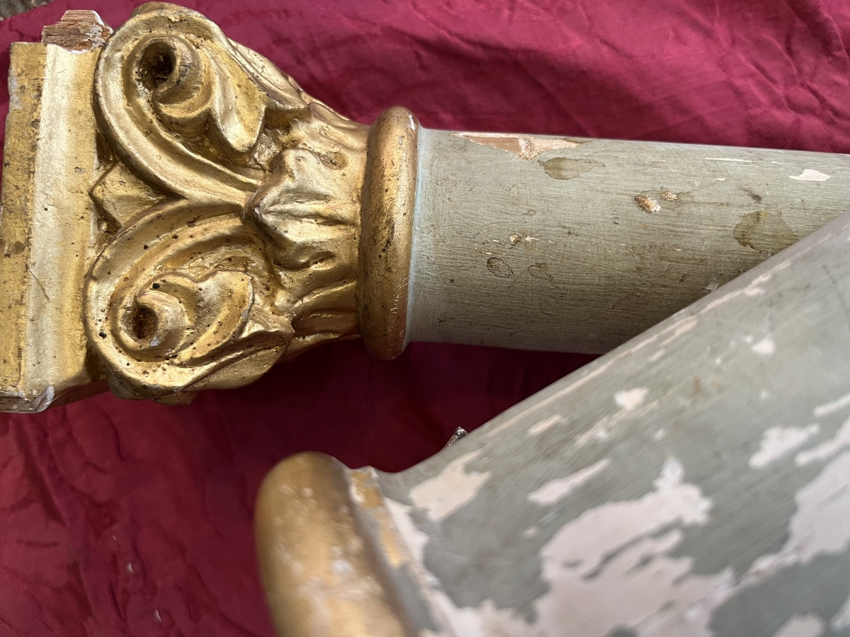 Three Wooden Columns, Pale Green, With Carved Bases In Gilded Wood. 19th Century.-photo-4