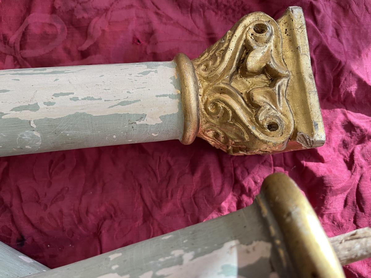 Three Wooden Columns, Pale Green, With Carved Bases In Gilded Wood. 19th Century.-photo-2
