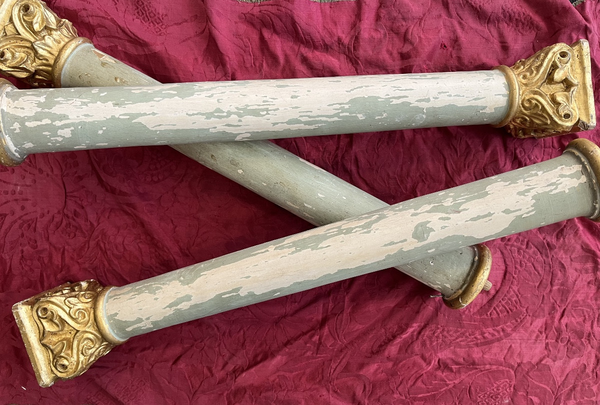 Three Wooden Columns, Pale Green, With Carved Bases In Gilded Wood. 19th Century.