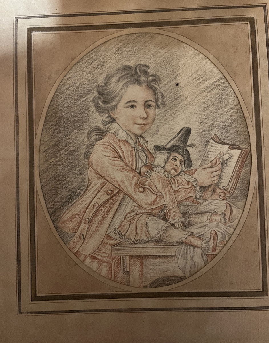Large 18th-century Drawing, The Doll's Reading Lesson. France