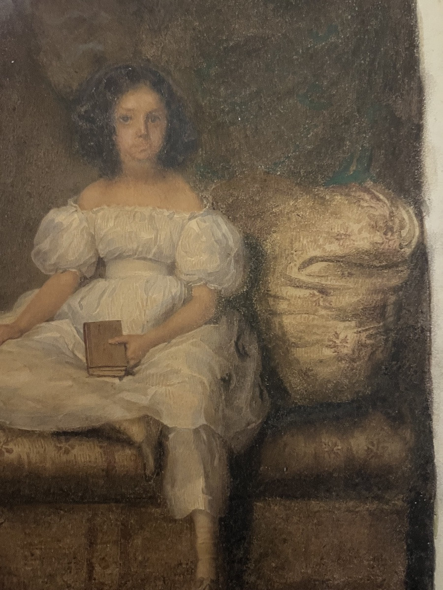 Gouache On Paper Circa -1830, Young Girl Sitting On A Sofa, Looking Dreamy. France.-photo-2