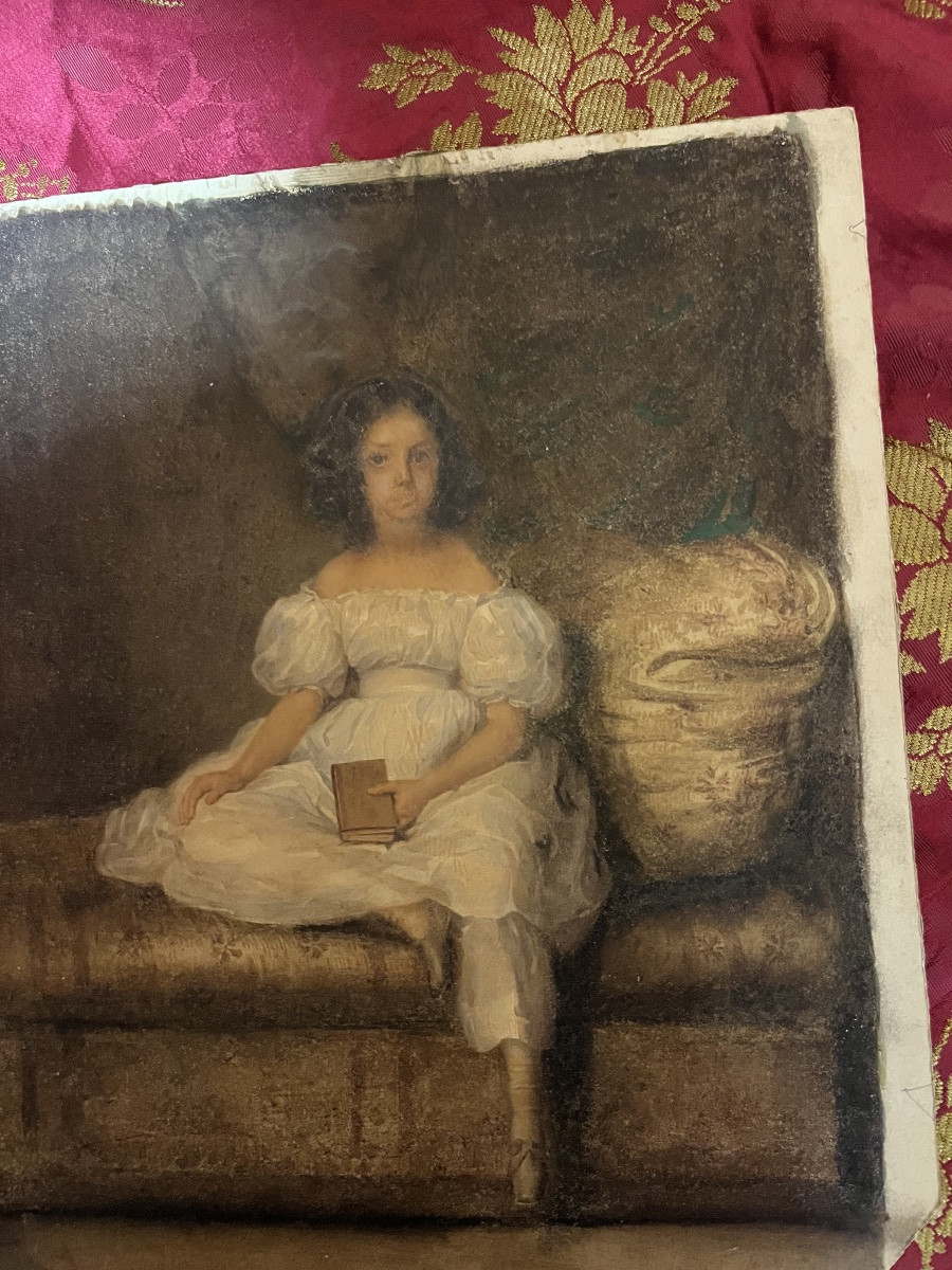 Gouache On Paper Circa -1830, Young Girl Sitting On A Sofa, Looking Dreamy. France.-photo-3