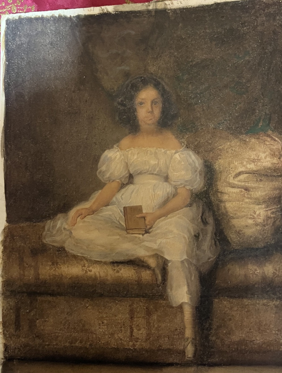 Gouache On Paper Circa -1830, Young Girl Sitting On A Sofa, Looking Dreamy. France.-photo-4
