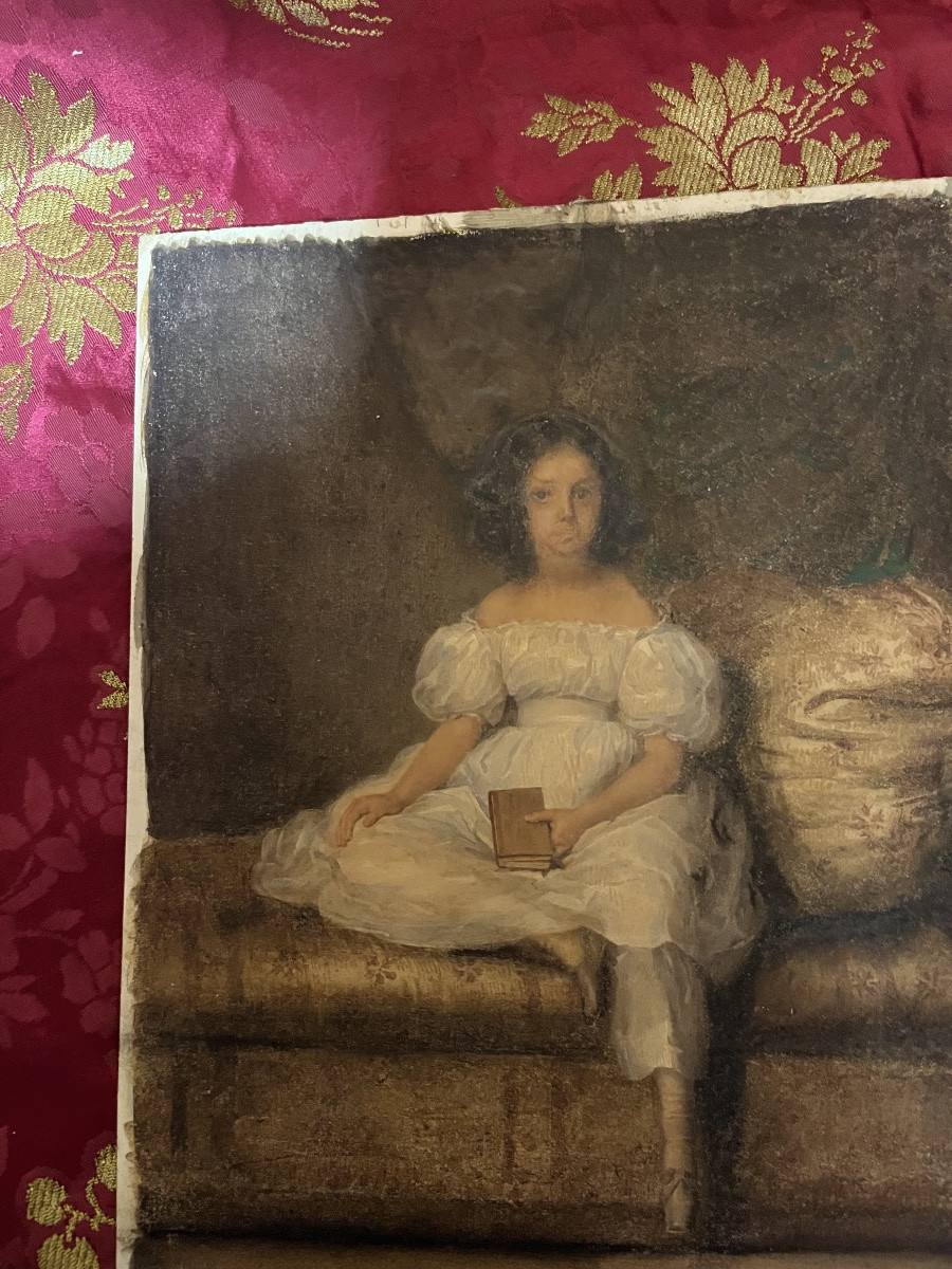 Gouache On Paper Circa -1830, Young Girl Sitting On A Sofa, Looking Dreamy. France.-photo-1