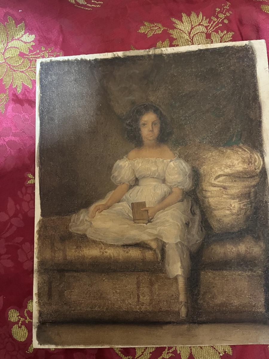 Gouache On Paper Circa -1830, Young Girl Sitting On A Sofa, Looking Dreamy. France.-photo-2