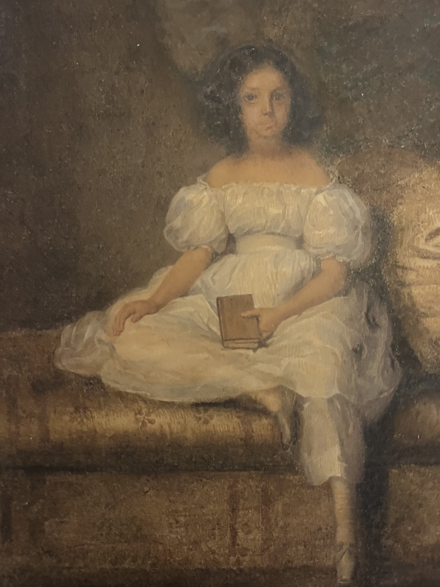 Gouache On Paper Circa -1830, Young Girl Sitting On A Sofa, Looking Dreamy. France.-photo-3