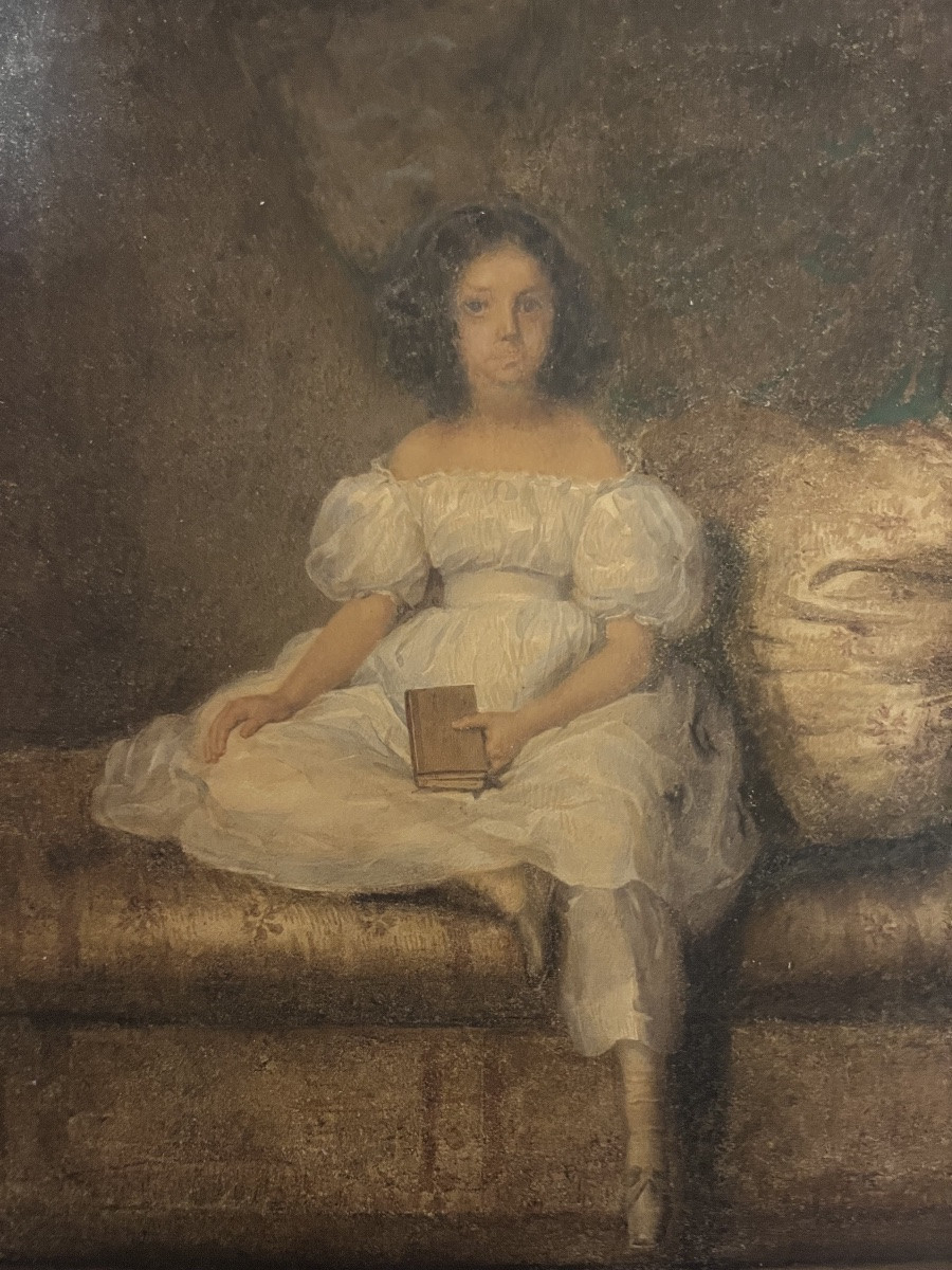 Gouache On Paper Circa -1830, Young Girl Sitting On A Sofa, Looking Dreamy. France.-photo-4