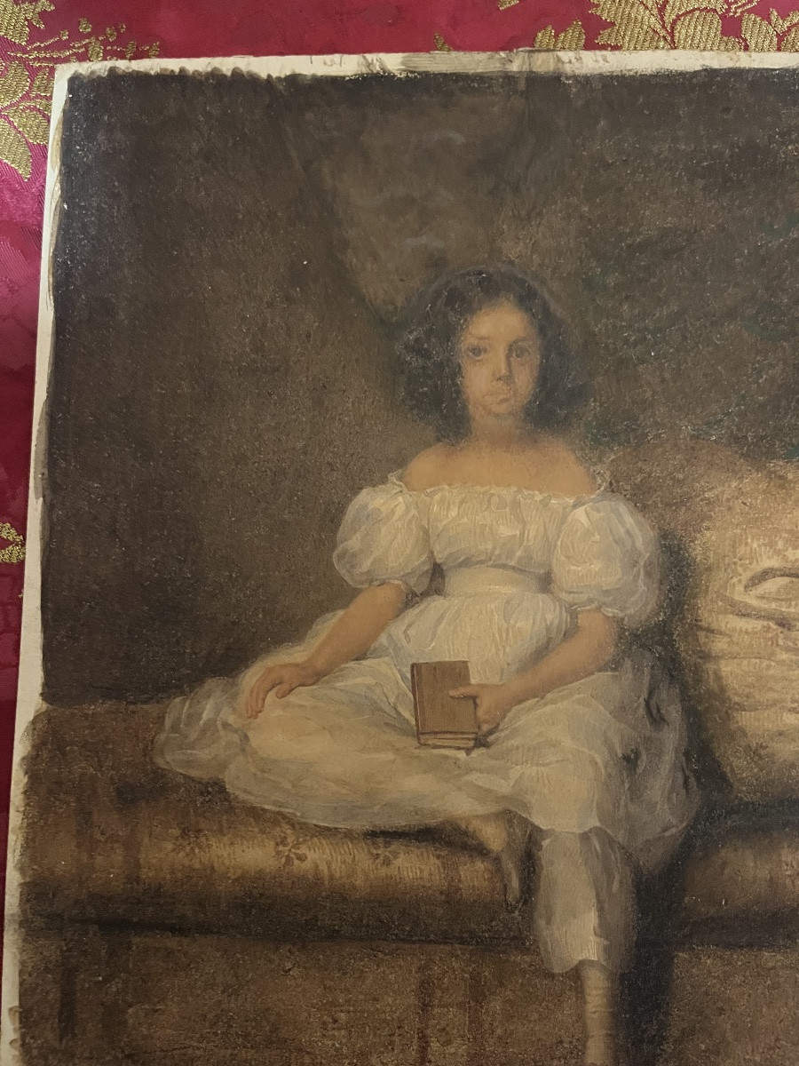 Gouache On Paper Circa -1830, Young Girl Sitting On A Sofa, Looking Dreamy. France.-photo-5