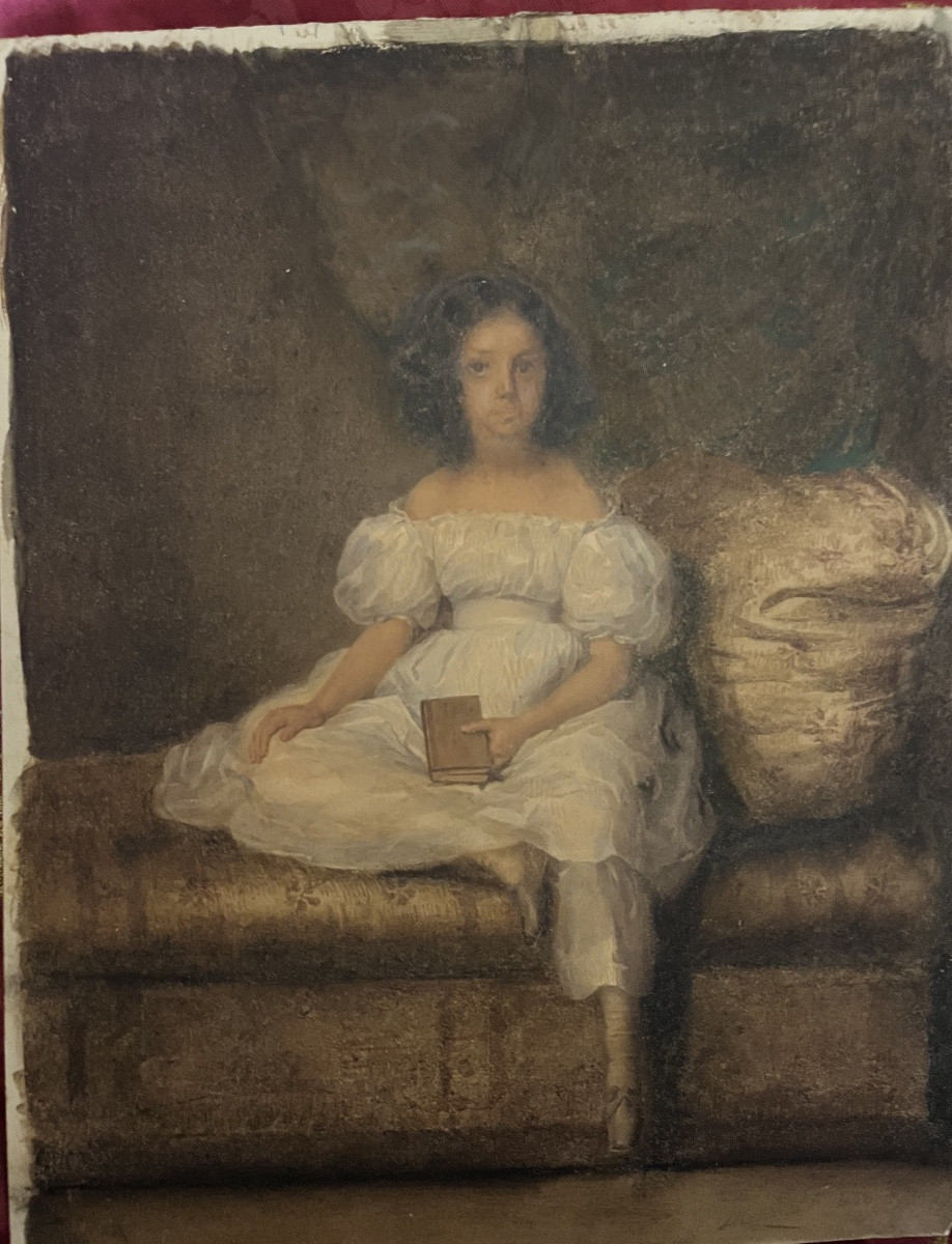 Gouache On Paper Circa -1830, Young Girl Sitting On A Sofa, Looking Dreamy. France.