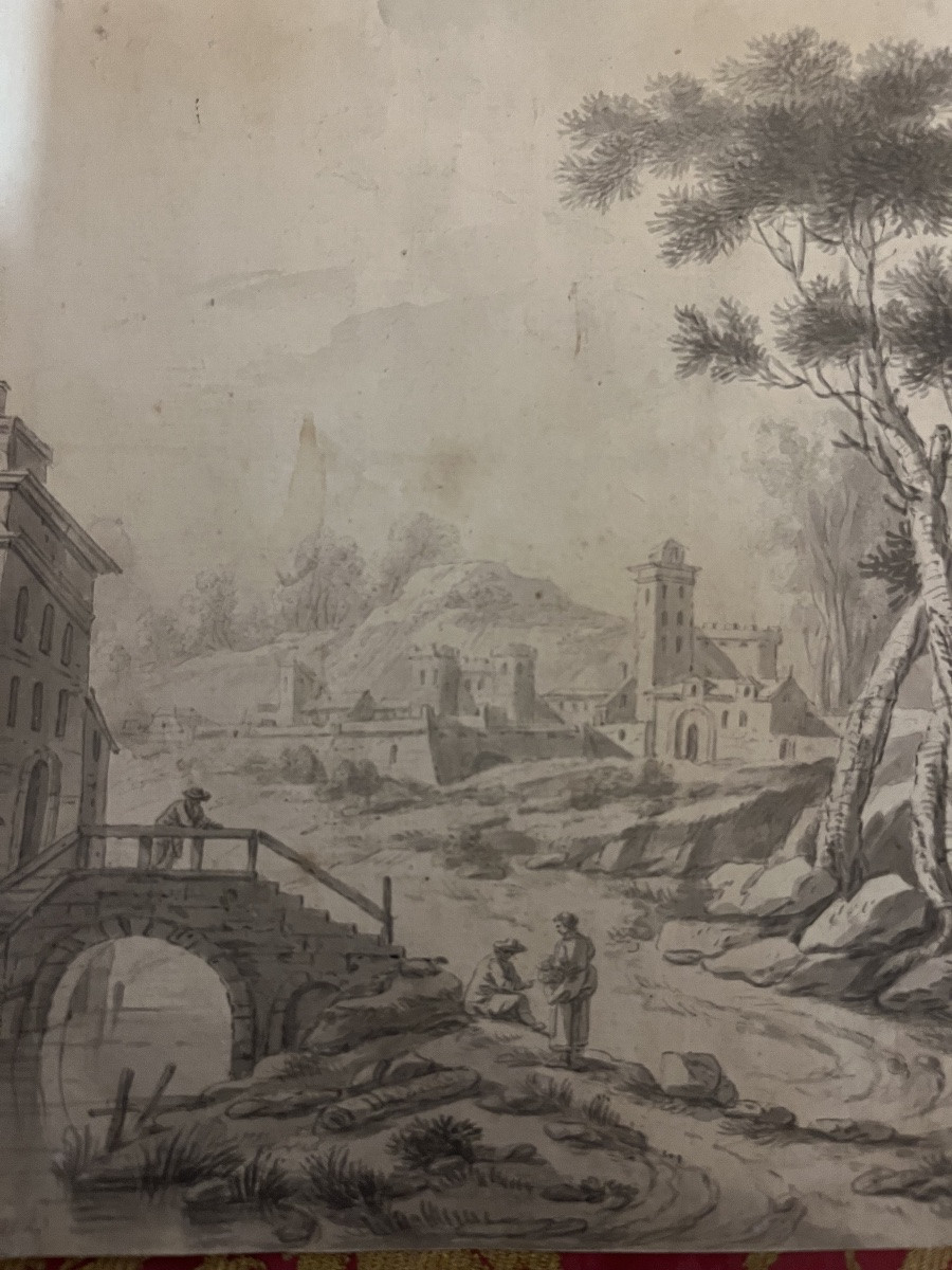 Dessin XVIII eme, paysage animé, élégant.-photo-2