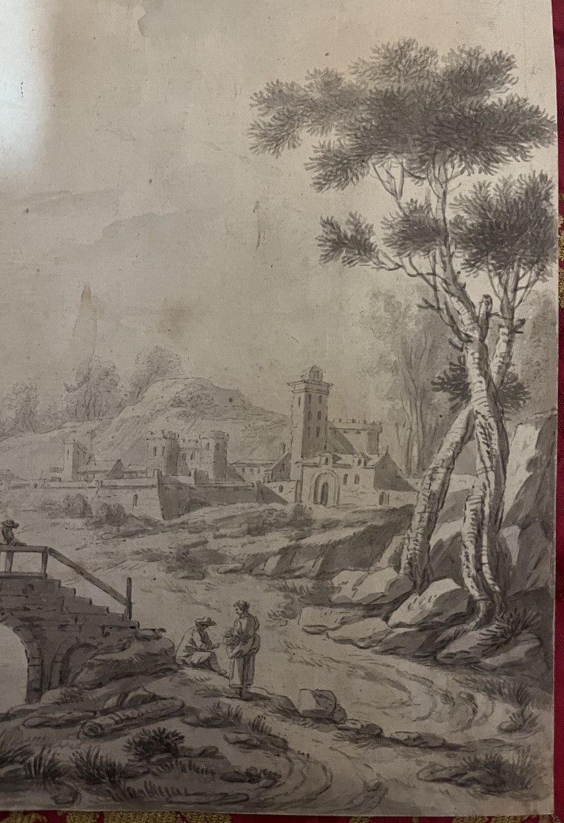 Dessin XVIII eme, paysage animé, élégant.-photo-3