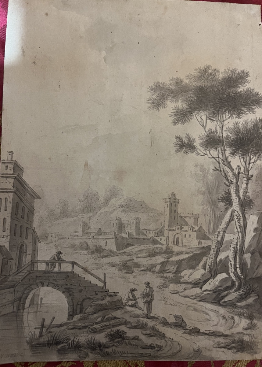 Dessin XVIII eme, paysage animé, élégant.