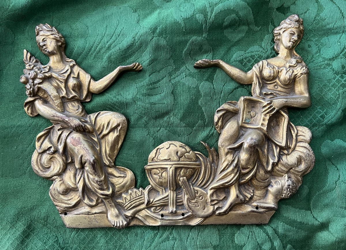 Gilt Bronze Plaque, Two Allegorical Figures Framing A World Map And Various Symbols. 18th Century.