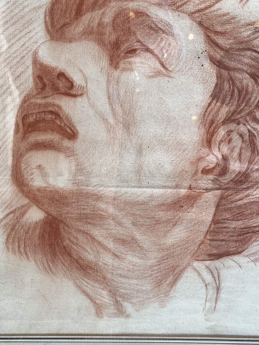Grand dessin à la sanguine, XVIII éme siècle, tête d’expression d’après Lebrun.-photo-3