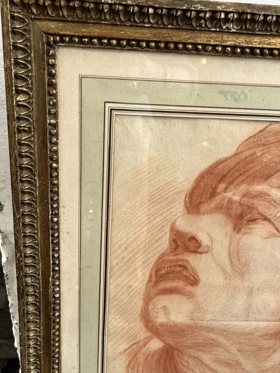Grand dessin à la sanguine, XVIII éme siècle, tête d’expression d’après Lebrun.-photo-1