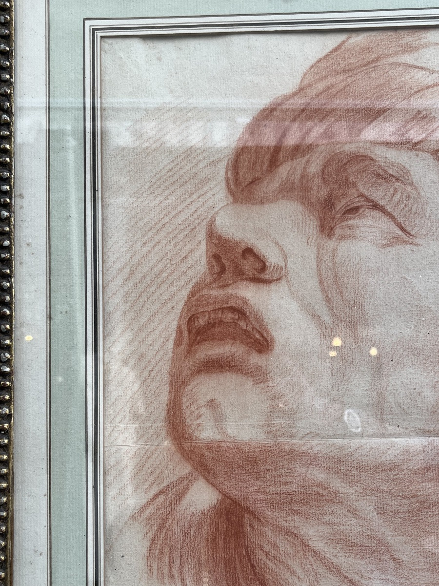 Grand dessin à la sanguine, XVIII éme siècle, tête d’expression d’après Lebrun.-photo-5