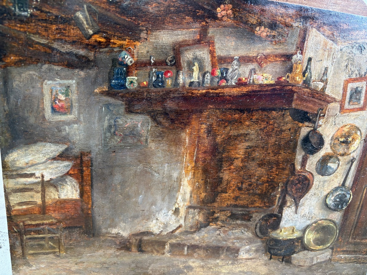 Oil On Panel, Peasant Interior In The Late 19th Century. France-photo-3