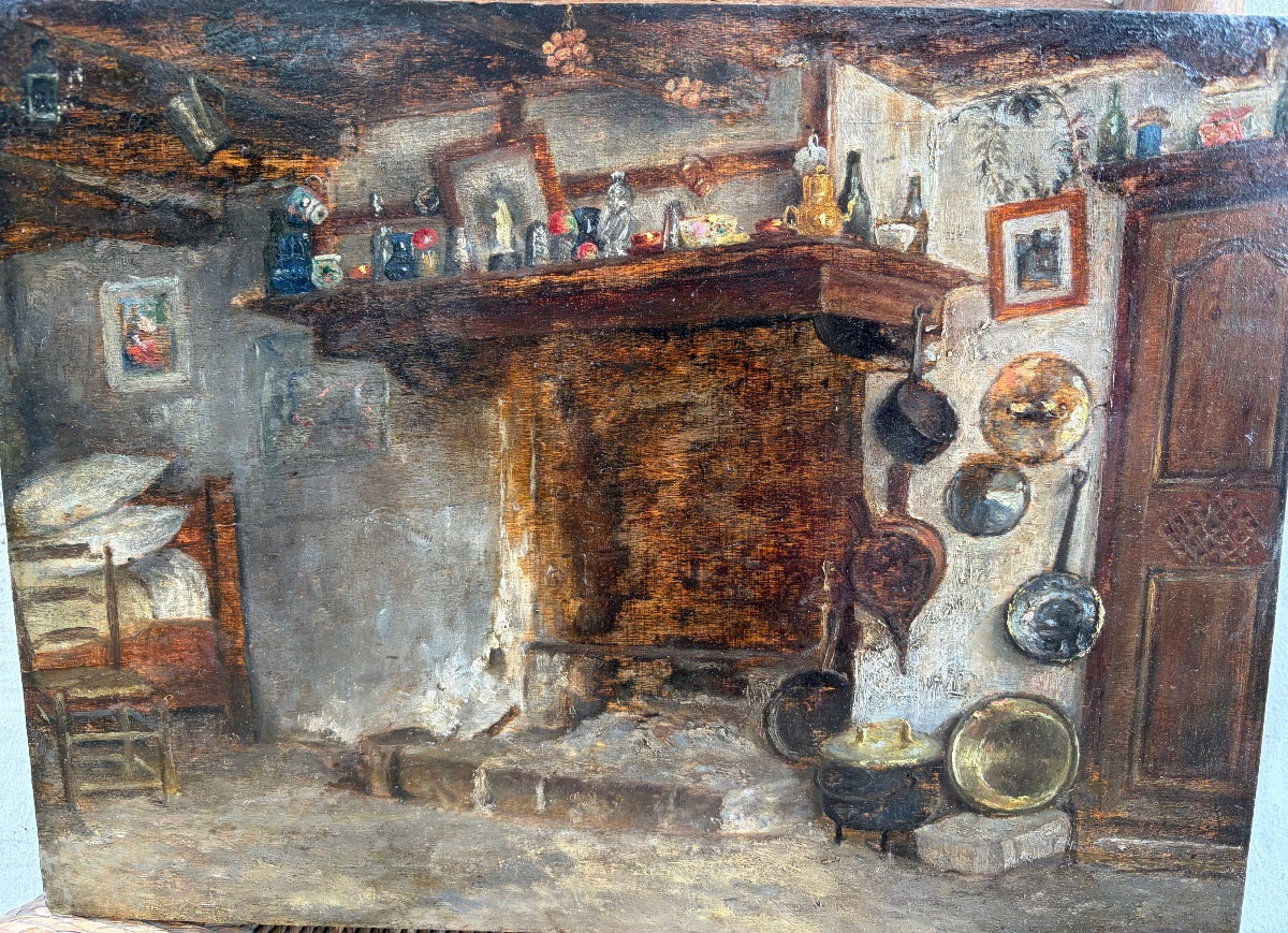 Oil On Panel, Peasant Interior In The Late 19th Century. France
