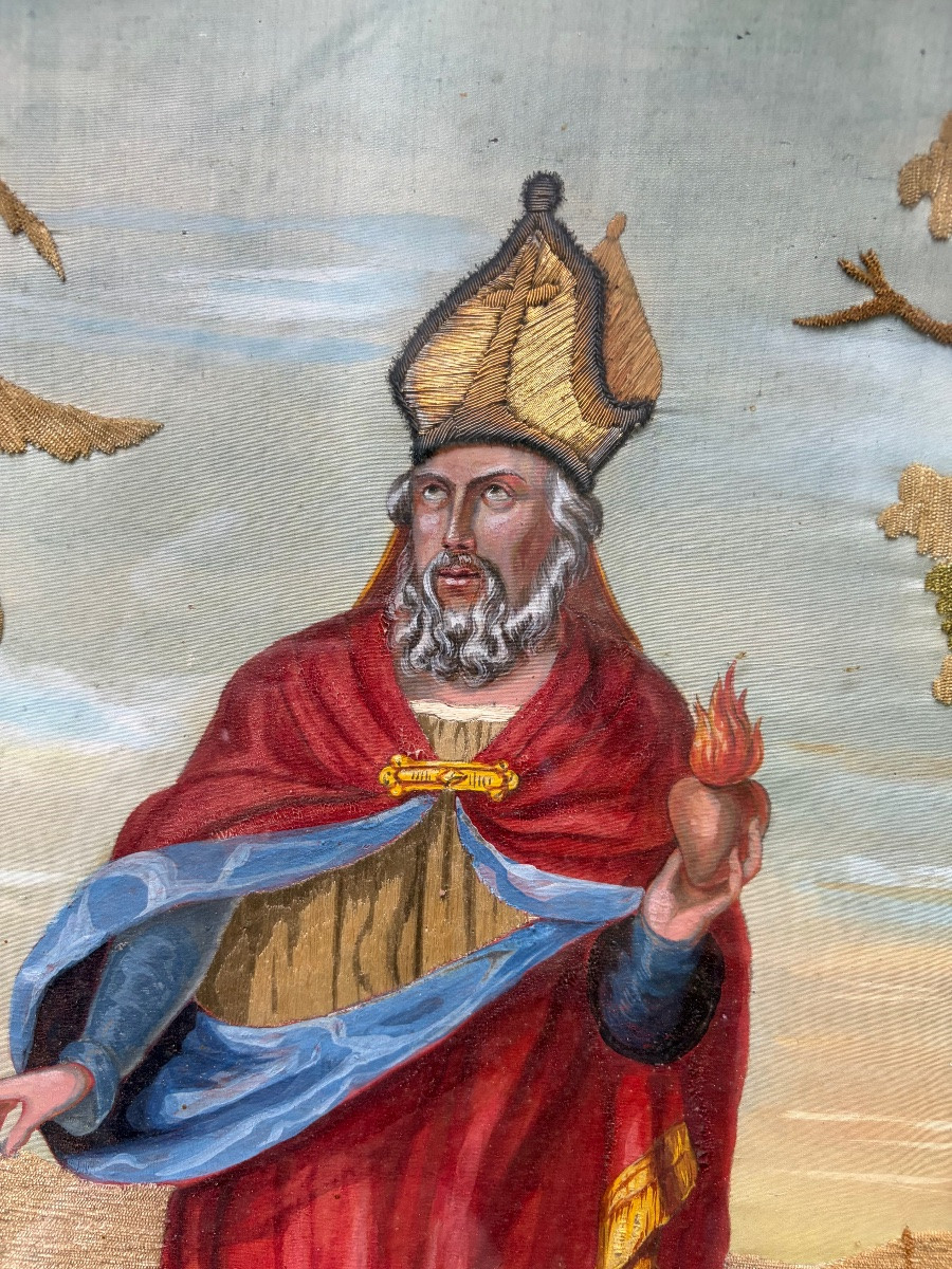Grand portrait de St Francois de Sales, peinture et broderie. Début XIX eme.-photo-2