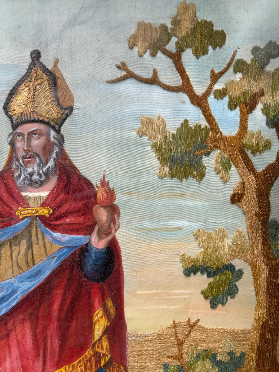 Grand portrait de St Francois de Sales, peinture et broderie. Début XIX eme.-photo-3