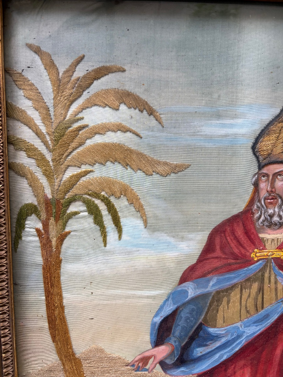 Grand portrait de St Francois de Sales, peinture et broderie. Début XIX eme.-photo-2