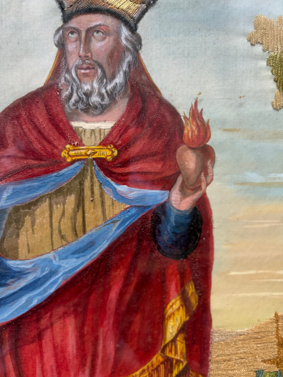Grand portrait de St Francois de Sales, peinture et broderie. Début XIX eme.-photo-3