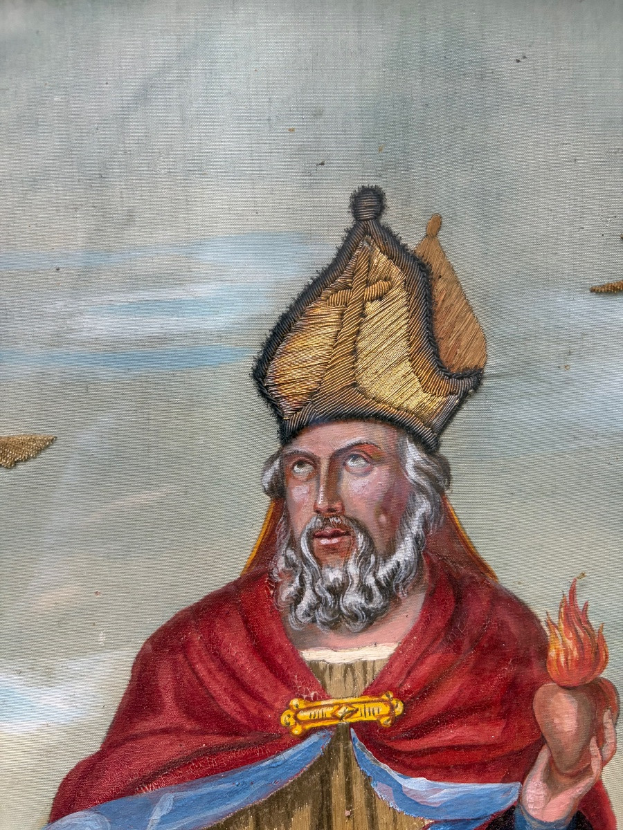 Grand portrait de St Francois de Sales, peinture et broderie. Début XIX eme.-photo-7