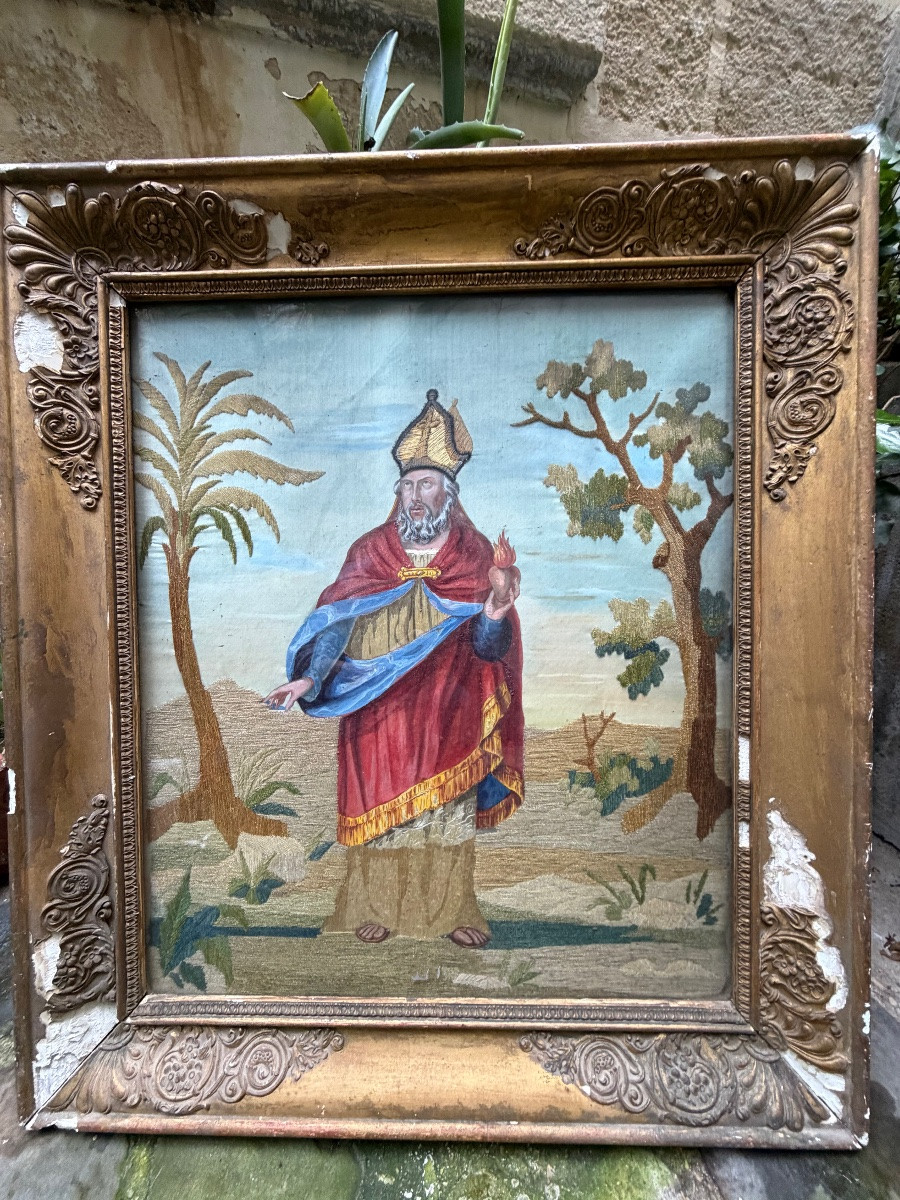 Grand portrait de St Francois de Sales, peinture et broderie. Début XIX eme.-photo-8