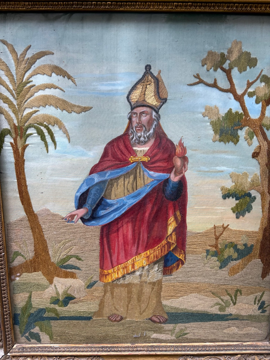 Grand portrait de St Francois de Sales, peinture et broderie. Début XIX eme.
