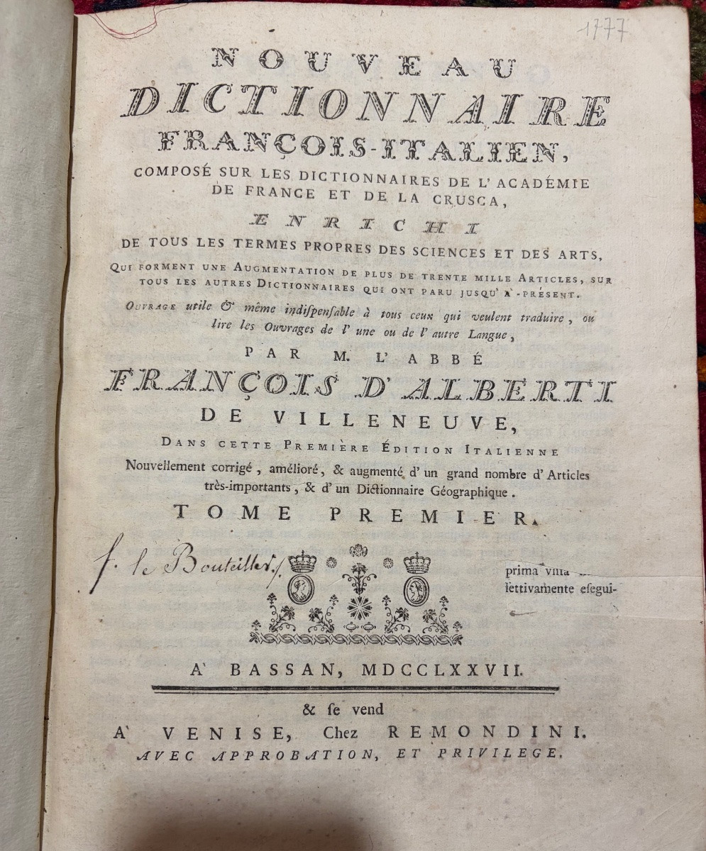 French-italian Dictionary, Dated 1777, Two Volumes, Handsome Leather Bindings.-photo-3