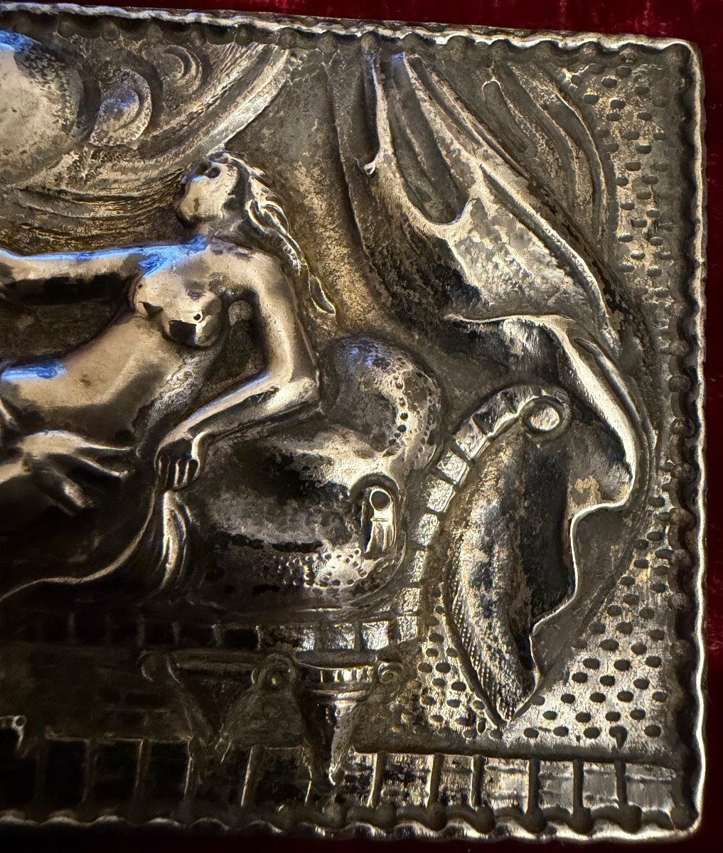 Solid Silver Plaque Depicting Danae, Seduced By Zeus Transformed Into Golden Rain.-photo-4