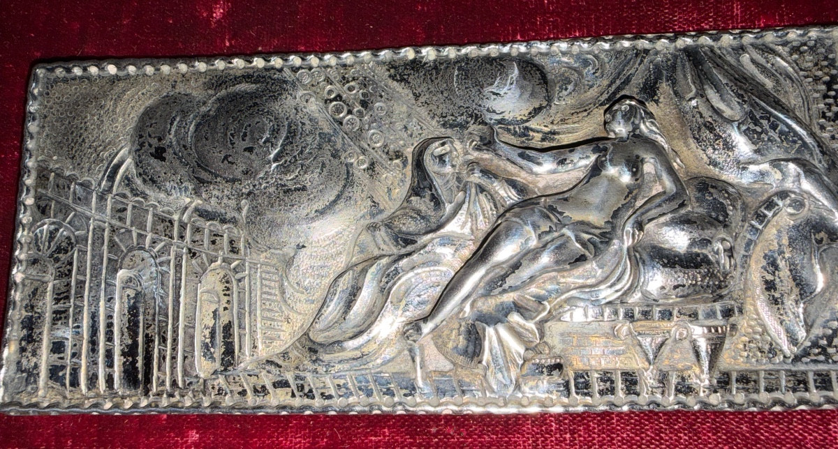 Solid Silver Plaque Depicting Danae, Seduced By Zeus Transformed Into Golden Rain.