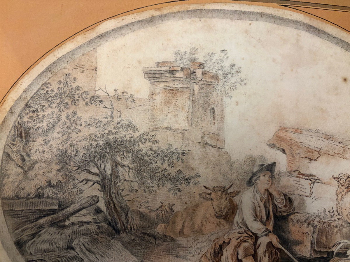 Important French Drawing, XVIII Teen Century, Sheperd With Animals.-photo-2