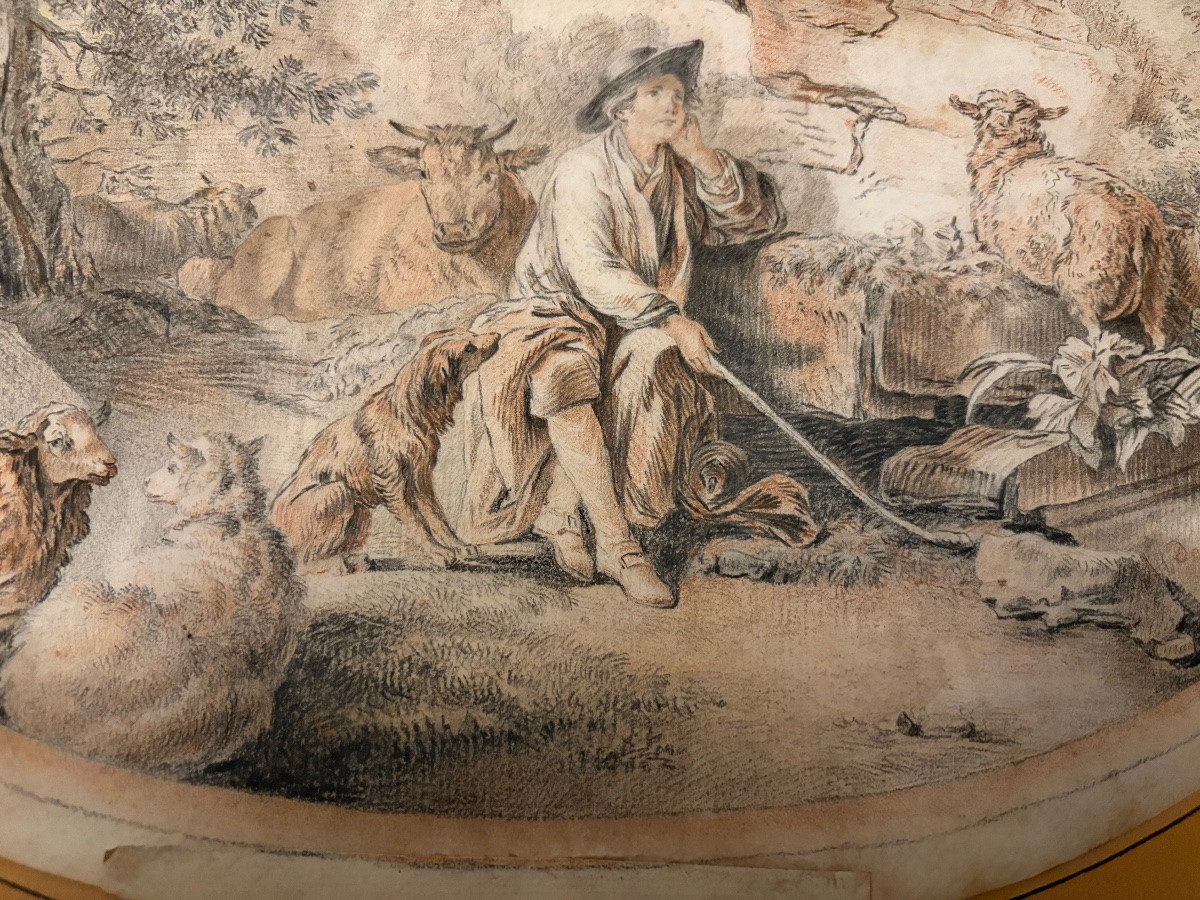 Important French Drawing, XVIII Teen Century, Sheperd With Animals.-photo-3