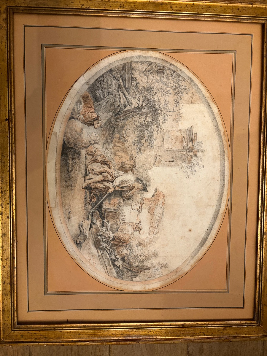 Important French Drawing, XVIII Teen Century, Sheperd With Animals.-photo-4