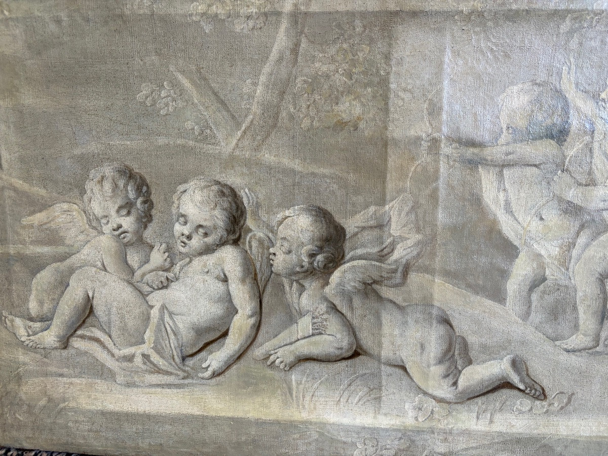 Large Oil On Canvas, 18th Century, Grisaille With Putti. France.-photo-2