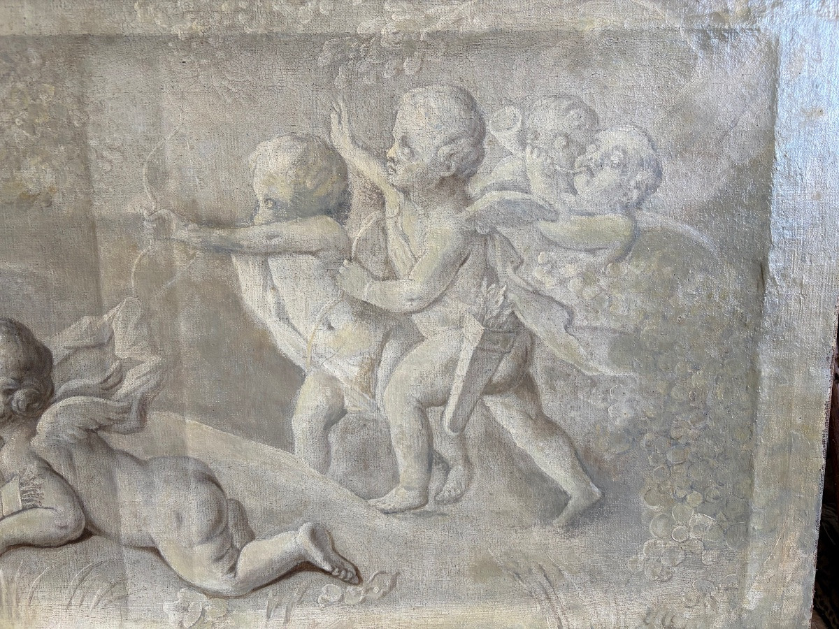 Large Oil On Canvas, 18th Century, Grisaille With Putti. France.-photo-3