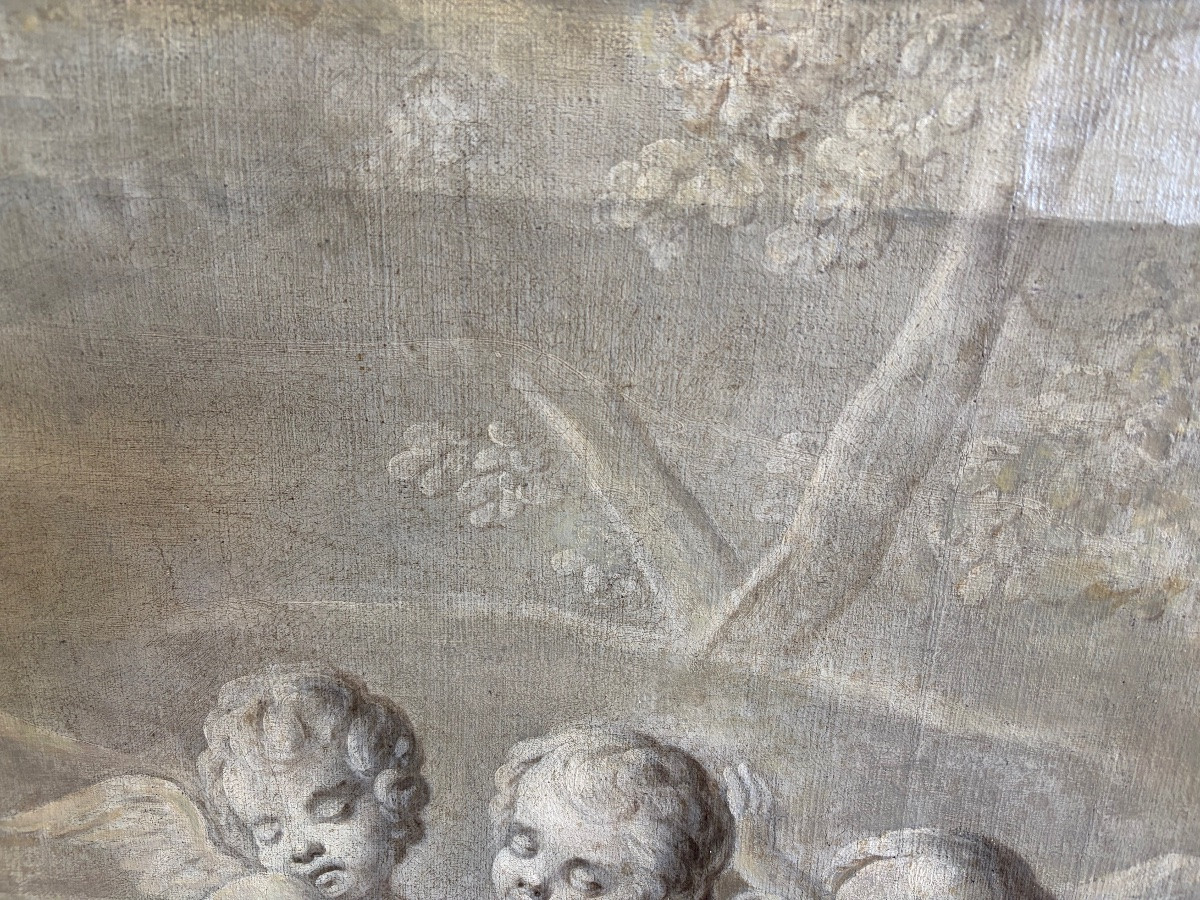 Large Oil On Canvas, 18th Century, Grisaille With Putti. France.-photo-4