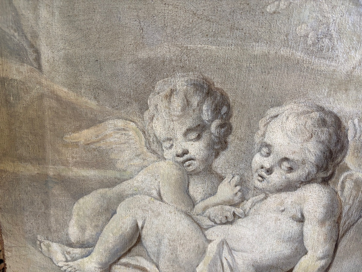 Large Oil On Canvas, 18th Century, Grisaille With Putti. France.-photo-1