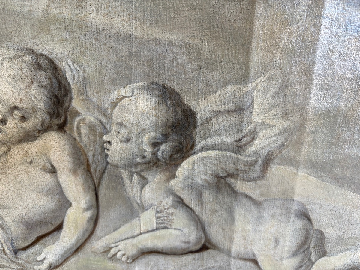 Large Oil On Canvas, 18th Century, Grisaille With Putti. France.-photo-2