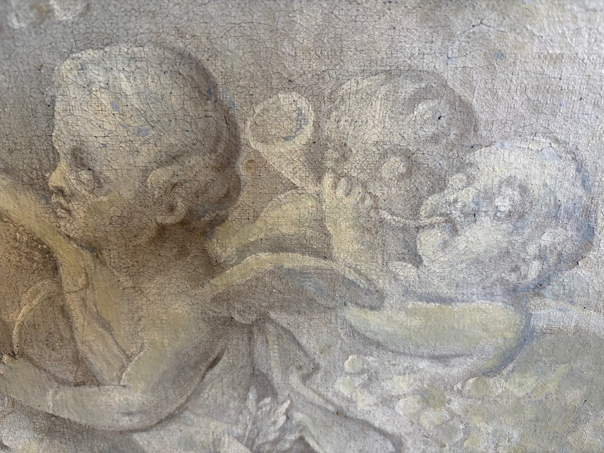 Large Oil On Canvas, 18th Century, Grisaille With Putti. France.-photo-3